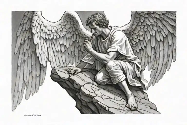 Male angel realism style leaning over edge of cliff to save someone tattoo design idea