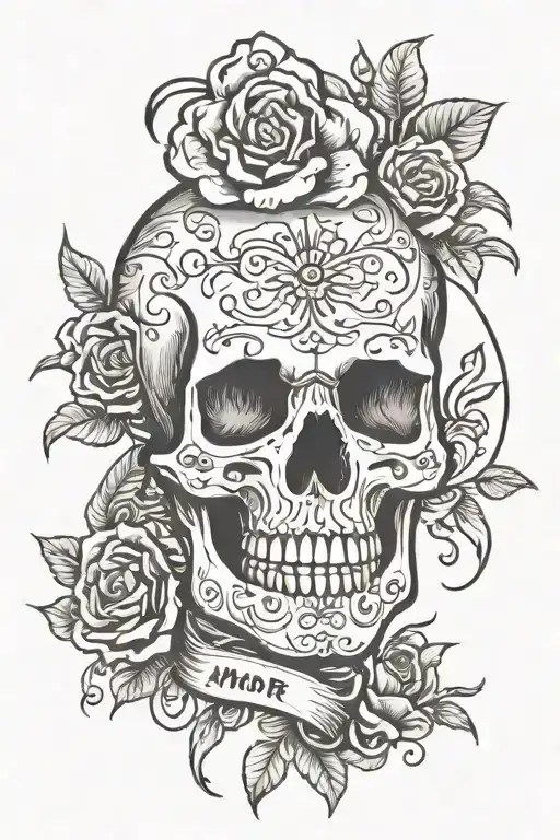 skull based on the phrases: memento mori and amor fati tattoo design idea