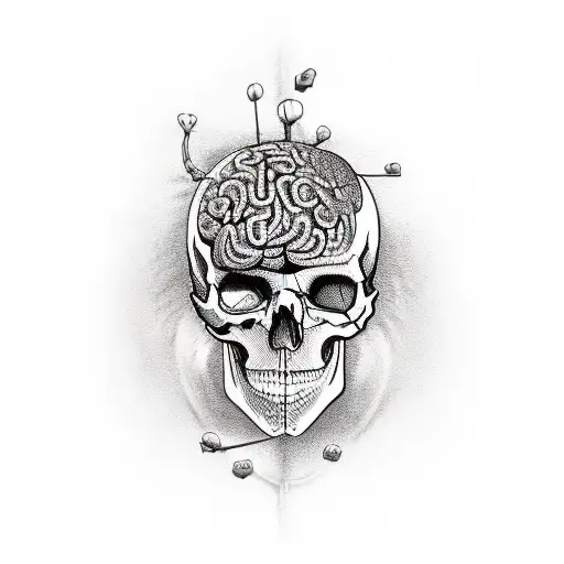half skull with brain & heart  tattoo design idea