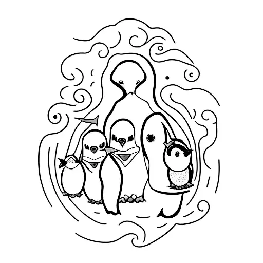 A simple and elegant tattoo of a mother penguin with her two baby penguins on a sandy beach, representing your role as a mother to your boys tattoo design idea