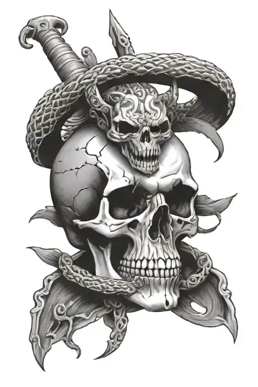 skull with snake wrapping around a dagger  tattoo design idea