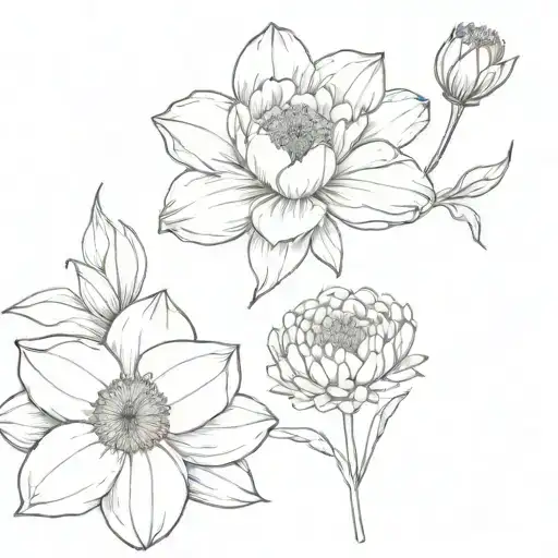 one Narcissus flower, one Chrysanthemum flower, one peony flower in a dainty boquet   tattoo design idea