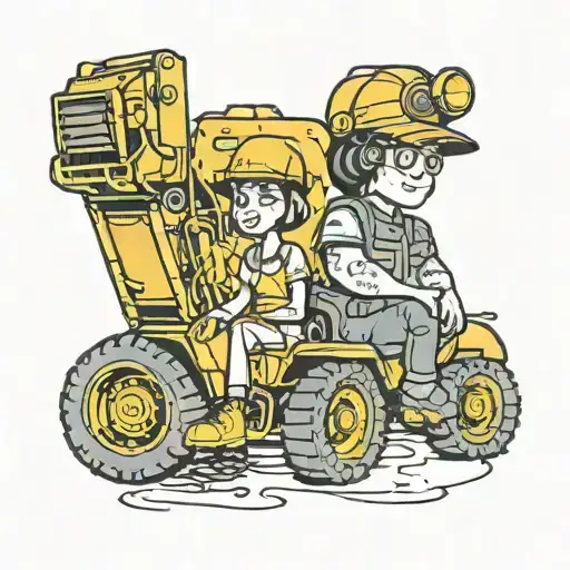 Create a tattoo featuring a heavy equipment operator with Adilynn and Corinna written in a unique font in blackwork style tattoo design idea