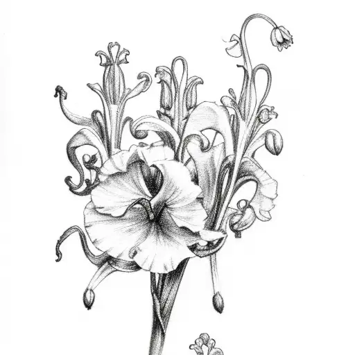 marigold, gladiolus, sweet pea, and lily of the valley flower boutique tattoo design idea
