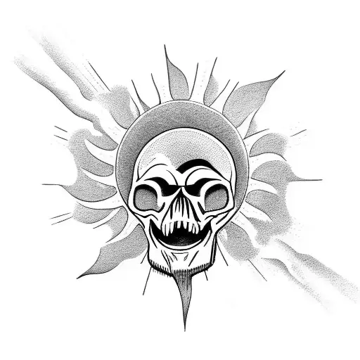 skull with sun in left eye, moon in right eye, eclipse in mouth tattoo design idea