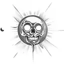 skull with sun in left eye, moon in right eye, eclipse in mouth tattoo design idea