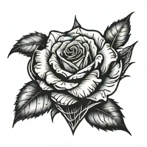 A haunting image of a rose growing from a broken heart, honoring the memory of lost friends, in a blackwork style tattoo design idea