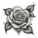 A haunting image of a rose growing from a broken heart, honoring the memory of lost friends, in a blackwork style tattoo design idea
