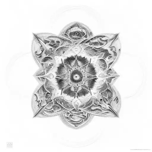 A surrealistic interpretation of Van Gogh's Starry Night combined with a mandala representing spirituality tattoo design idea