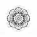 A surrealistic interpretation of Van Gogh's Starry Night combined with a mandala representing spirituality tattoo design idea