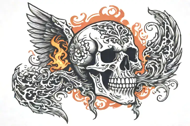 skull flame piston winged tattoo design idea