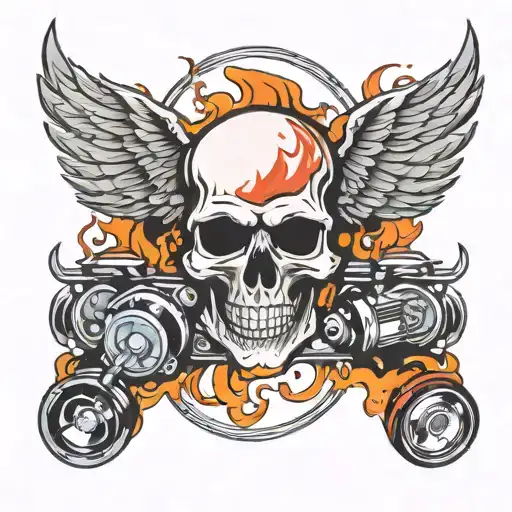 tattoo skull flame wings pistons tattoo design idea