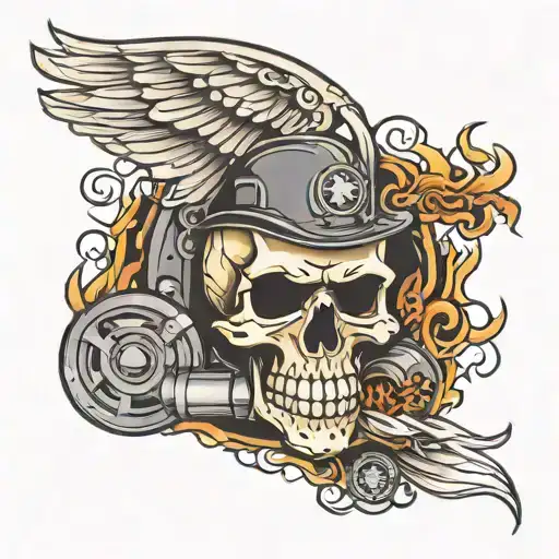 tattoo skull flame wings pistons tattoo design idea