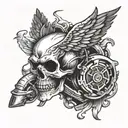 Combine a motorcycle engine piston with a flaming skull and wings for a unique tattoo design tattoo design idea