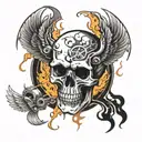Incorporate a piston into a skull design surrounded by flames and wings tattoo design idea