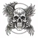 Incorporate a piston into a skull design surrounded by flames and wings tattoo design idea
