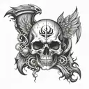 Incorporate a piston into a skull design surrounded by flames and wings tattoo design idea