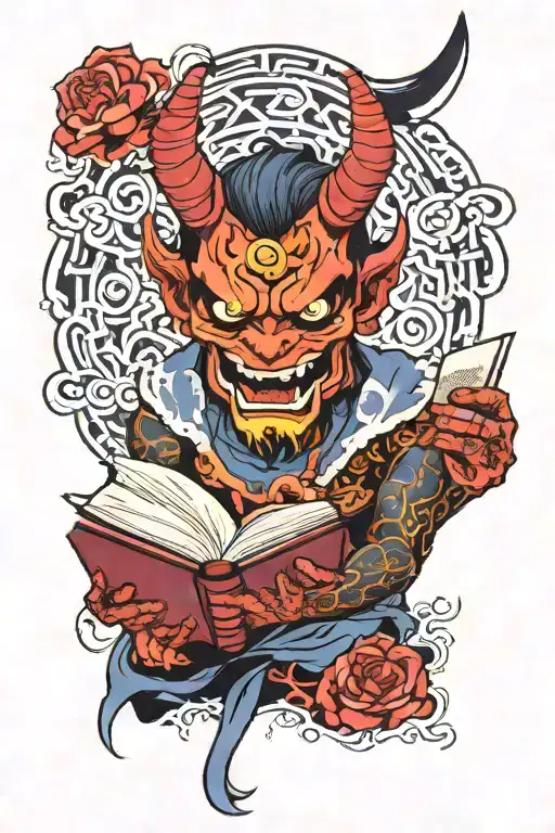 fuu dog oni mask holding open book surrounded tattoo design idea