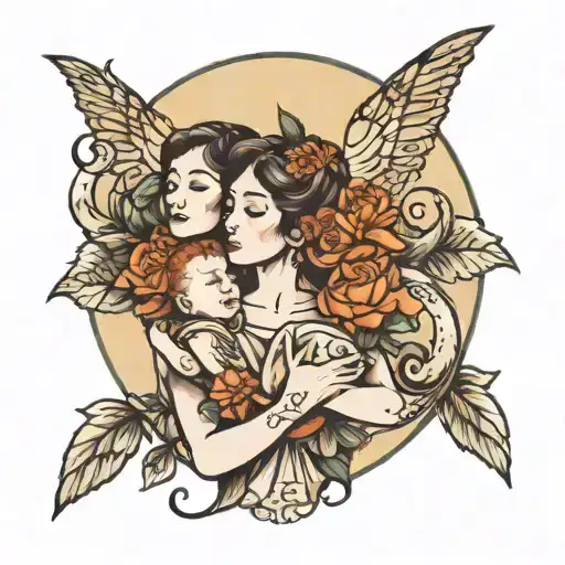 mother with two sons with flowers moon and cancer zodiac  tattoo design idea