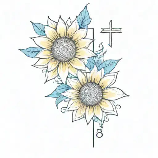 a memorial tattoo with sunflowers, a cross, the color blue,  and the date 9/6/24 tattoo design idea