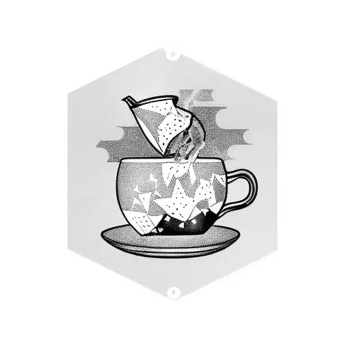 A black and grey tattoo of a coffee pot pouring stars into a cup with a fantasy book open beside it tattoo design idea