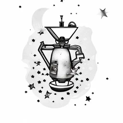 A black and grey tattoo of a coffee pot pouring stars into a cup with a fantasy book open beside it tattoo design idea