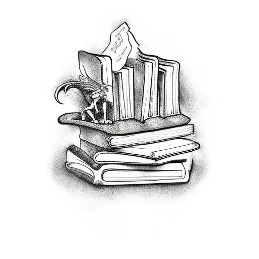 A mystical bookshelf with fantasy creatures coming out of the books tattoo design idea