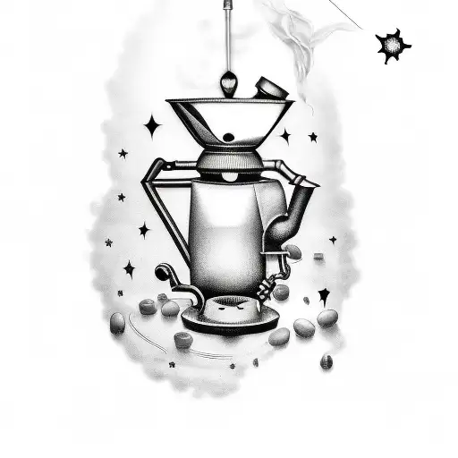 A black and grey tattoo of a coffee pot pouring stars into a cup with a fantasy book open beside it tattoo design idea