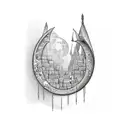 An intricate bookshelf filled with fantasy books, illuminated by a crescent moon tattoo design idea