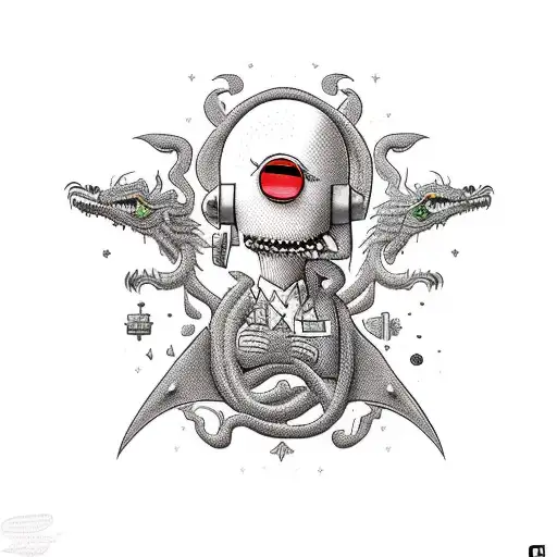 A realistic portrait of a favorite gaming character surrounded by iconic symbols from Los Simpson, Dragon Ball, and Bob Esponja tattoo design idea