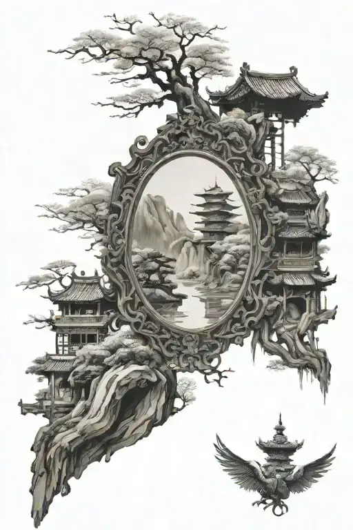 Chinese mirror reflection tattoo design idea