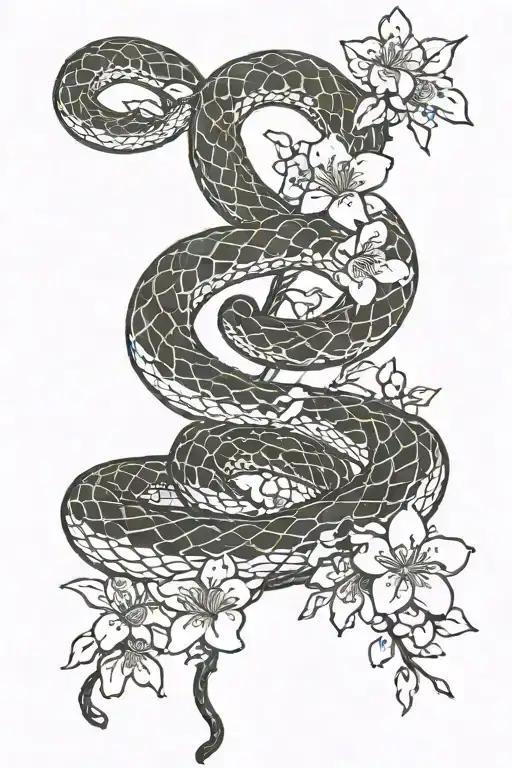 snake and cherry blossoms tattoo design idea