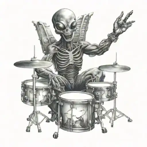 Alien drummer and DJ mixing music tattoo design idea