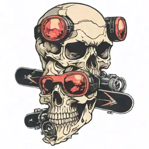 skull with a pair of snowboard googles on with the mountains on the reflection  tattoo design idea