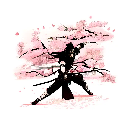 A fierce samurai warrior wielding a katana, surrounded by cherry blossom petals tattoo design idea