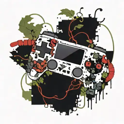 A pixelated video game controller intertwined with a winding vine, showcasing a mix of technology and nature tattoo design idea