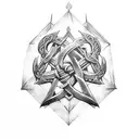 combination of blacksmith, knotwork, ravens, hammers,additional runes , anglo saxon , viking tent frame , tattoo design idea