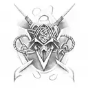 combination of blacksmith, knotwork, ravens, hammers,additional runes , anglo saxon , viking tent frame , tattoo design idea