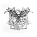 combination of blacksmith, knotwork, ravens, hammers,additional runes , anglo saxon , viking tent frame , tattoo design idea