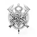 combination of blacksmith, knotwork, ravens, hammers,additional runes , anglo saxon , viking tent frame , tattoo design idea