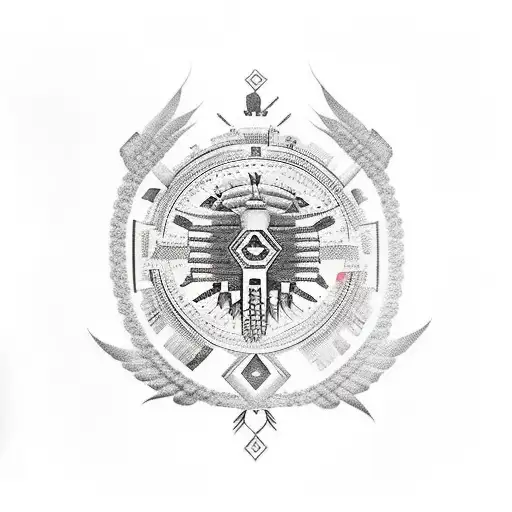 A mix of indigenous Colombian symbols forming the skyline of New York City tattoo design idea