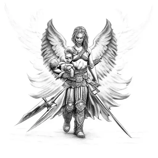 warrior angel holding two babies in war torn apocalypse town tattoo design idea