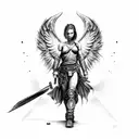 warrior angel holding two babies in war torn apocalypse town tattoo design idea