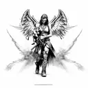warrior angel holding two babies in war torn apocalypse town tattoo design idea