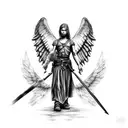 warrior angel holding two babies in war torn apocalypse town tattoo design idea