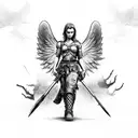 warrior angel holding two babies in war torn apocalypse town tattoo design idea