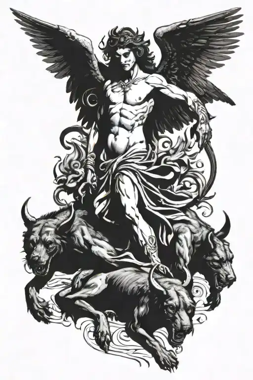 Painting of fallen angel above Cerberus with heads of tattoo design idea
