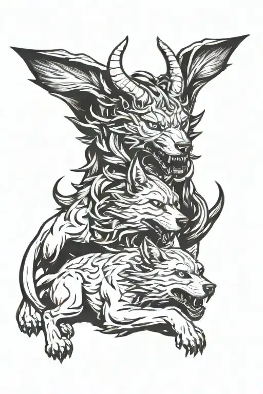 Lucifer above cerberus with husky heads tattoo design idea