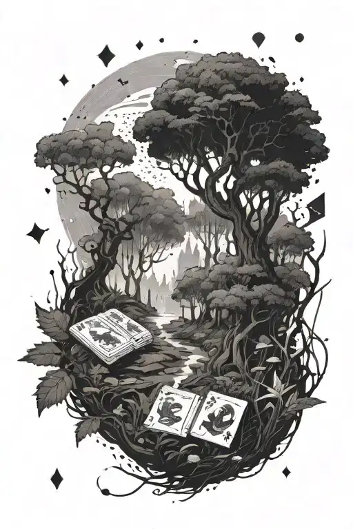 A mystical forest scene with Magic the Gathering cards scattered around tattoo design idea