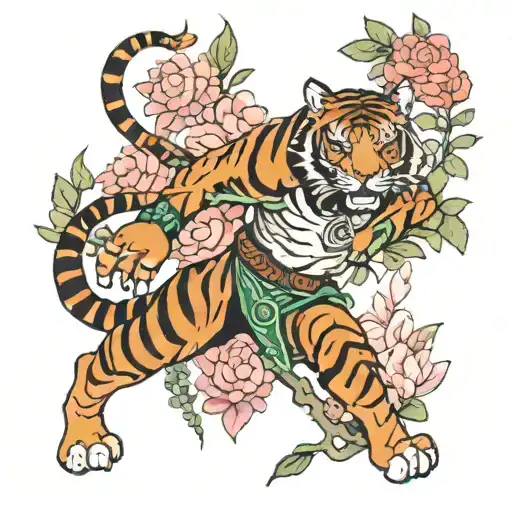 a warrior in a garden. the warrior is a tiger surrounded tattoo design idea